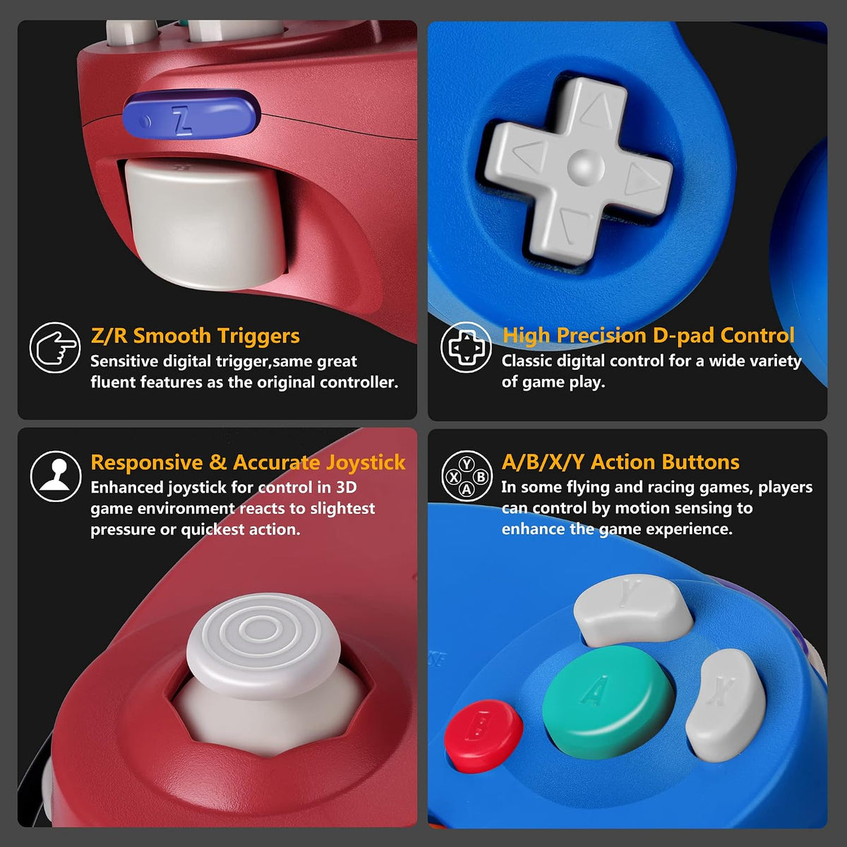 FIOTOK Gamecube Controller, Classic Wired Controller for Wii & Gamecube | Blue & Red-2Pack - Retro Modd